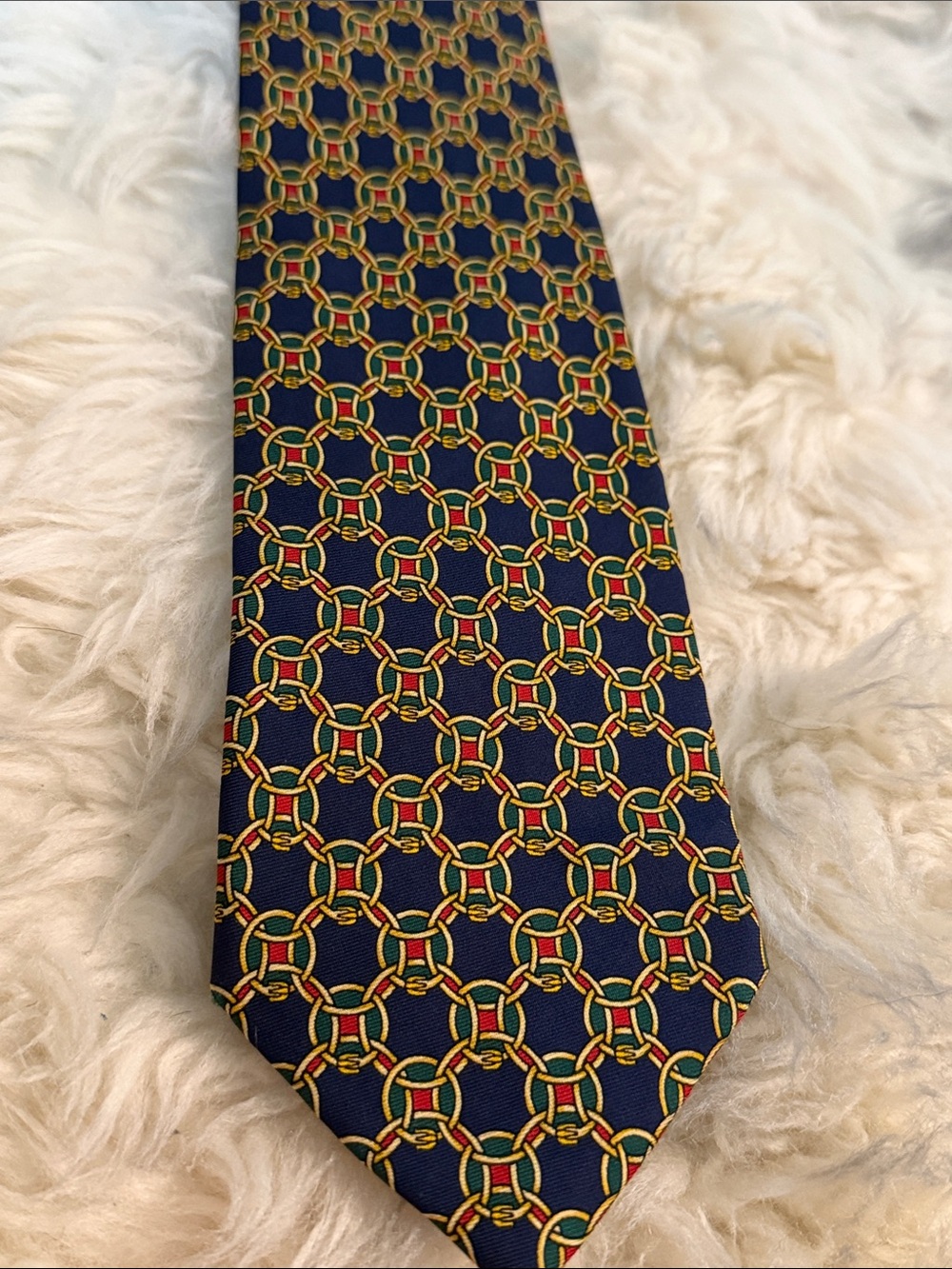 Brooks Brothers Navy Tie with Green, Red & Gold Link Pattern